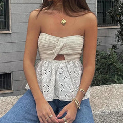 JazzHer Summer Off Shoulder Backless Tube Tops Y2K Strapless Knitted Tank Women New Hollow Out Sleeveless Camis Female Mini Vest