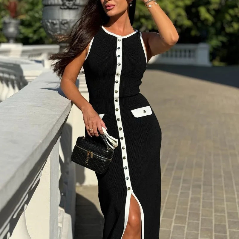 Black Friday JazzHer Fashion Knitted Long Dress For Women Elegant Sleeveless Button Maxi Sweater Bodycon Dresses Female Party Fashion Vestidos