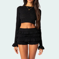 JazzHer 2 Piece Set Knitted Long Sleeve Crop Sweater Tops + Ruffles Shorts Vintage Outfits Women Autumn Matching Suit Y2K Streetwear