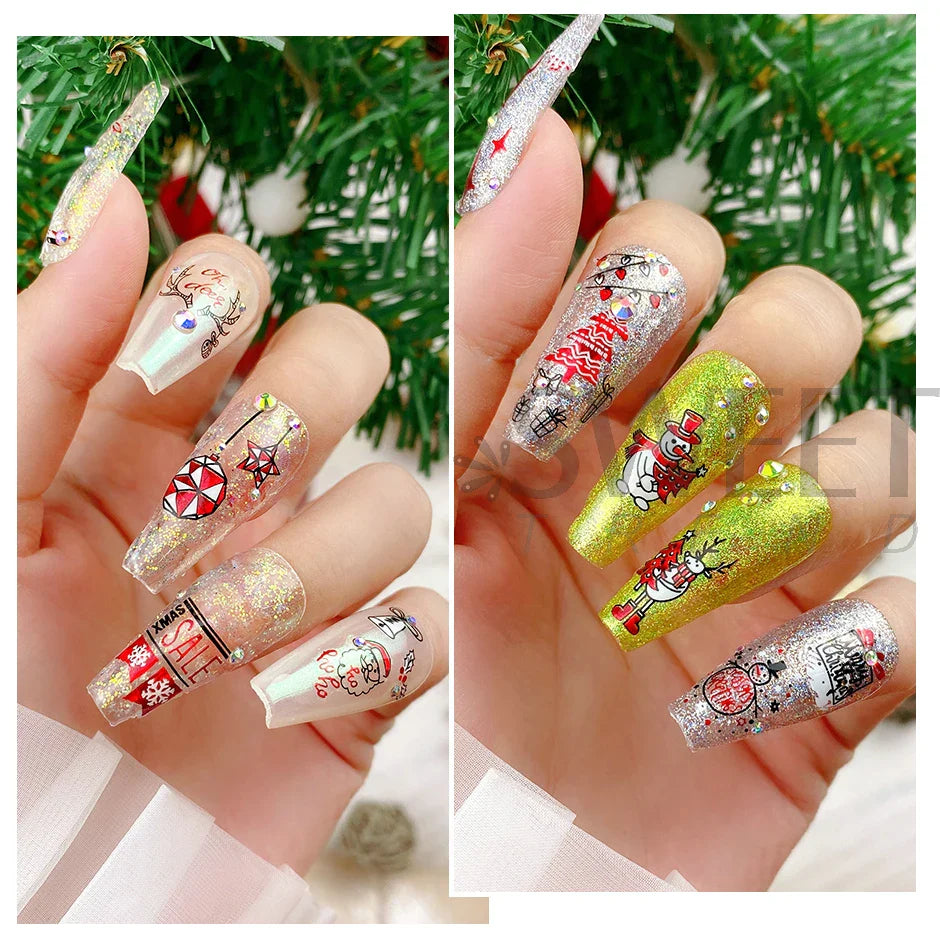 JazzHer Laser Red Christmas Nail Art Stickers 3D Cartoon Santa Snowman Xmas Tree Adhesive Sliders Winter New Year Manicure Decor LYCJ027