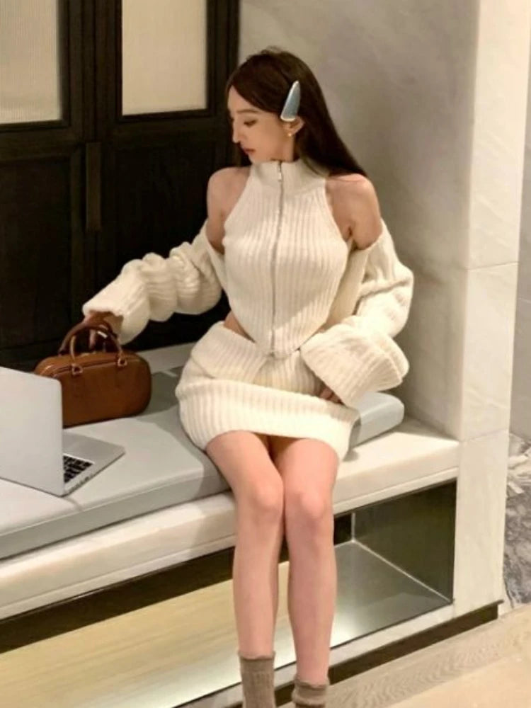 JazzHer Elegant Knitted Clothing 3 Piece Set Casual Short Cardigan + Slim Vest + Sexy Y2k Mini Skirt Korean Fashion Suit 2024 Winter