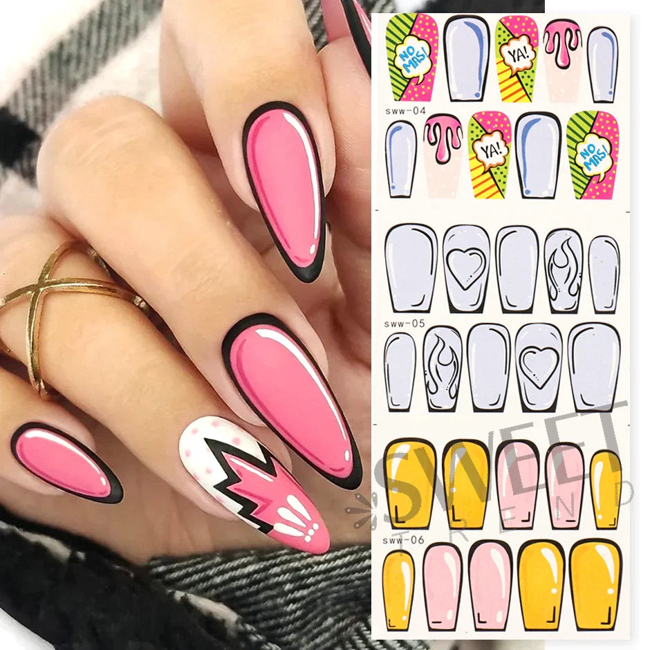 JazzHer 12pcs Comic Element Nail Art Sliders Simple Line 2D Space Creative Cartoon Design Transfer Stickers Popular Manicure Wraps LYSWW