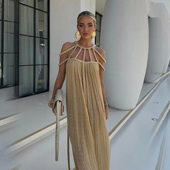 JazzHer-2024 Spring New Dresses Rope Off-Shoulder Sexy Halterneck Loose Vacation Beach Dress Female Sexy Party Club Clothing Vestidos