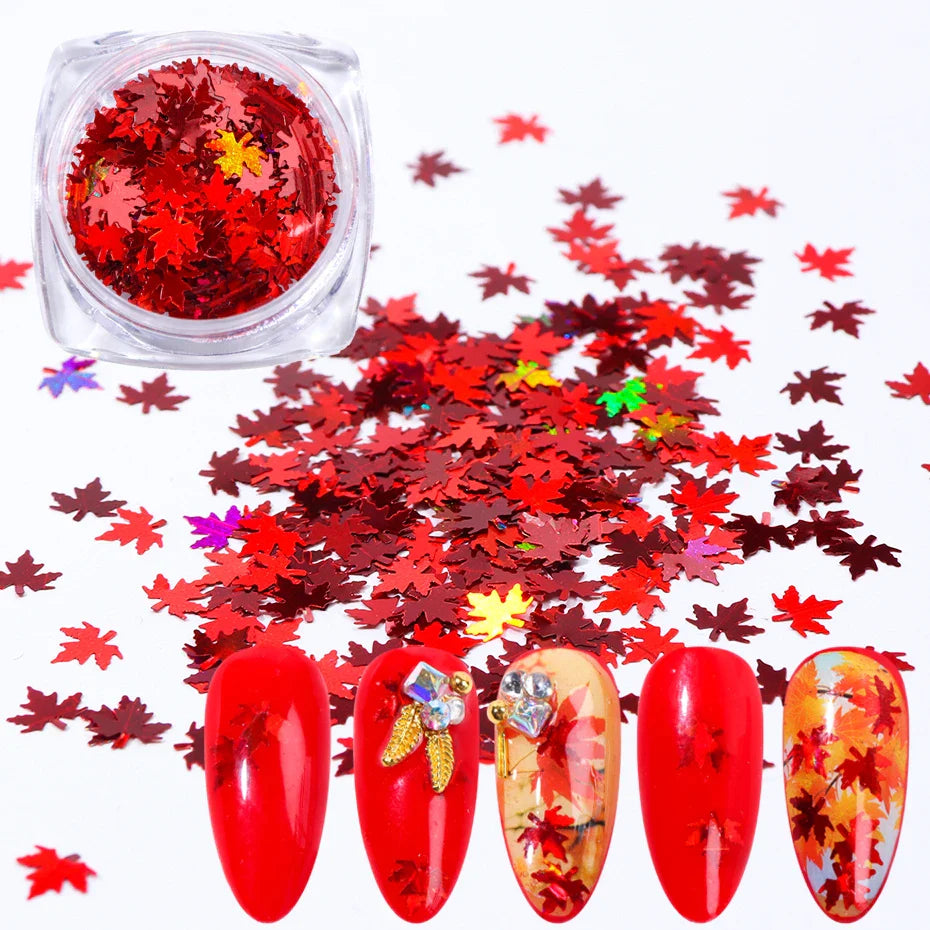 JazzHer 1Box Holographic Leaf Nail Glitter Fall Maple Sequins Paillette Tips Mulicolor Sparkly Nail Art Decorations Manicure LY1528