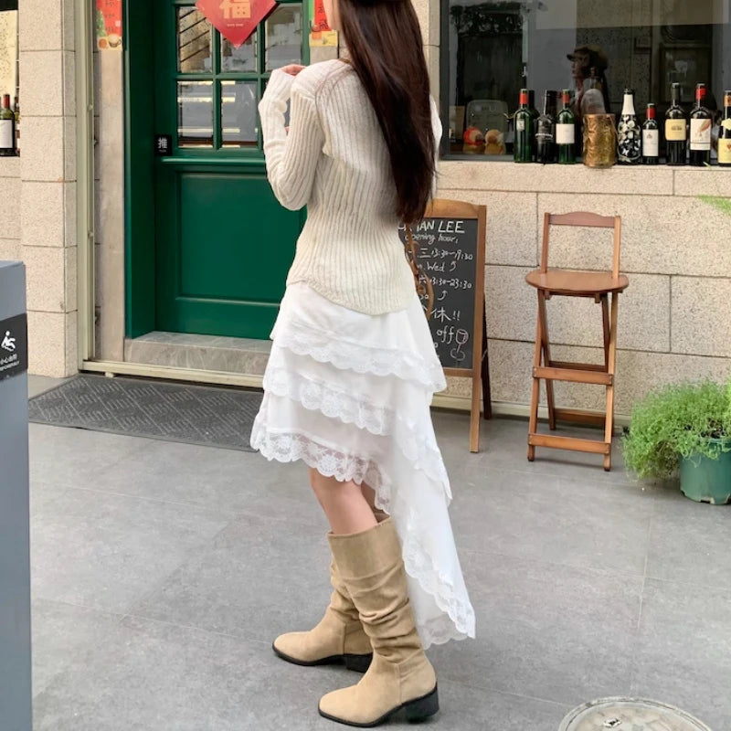 JazzHer 2024 Spring New Streetwear Lace Splicing Asymmetric Cake Skirt Women + V-neck Casual Knitted Long-sleeved T-shirt Two-piece Suit