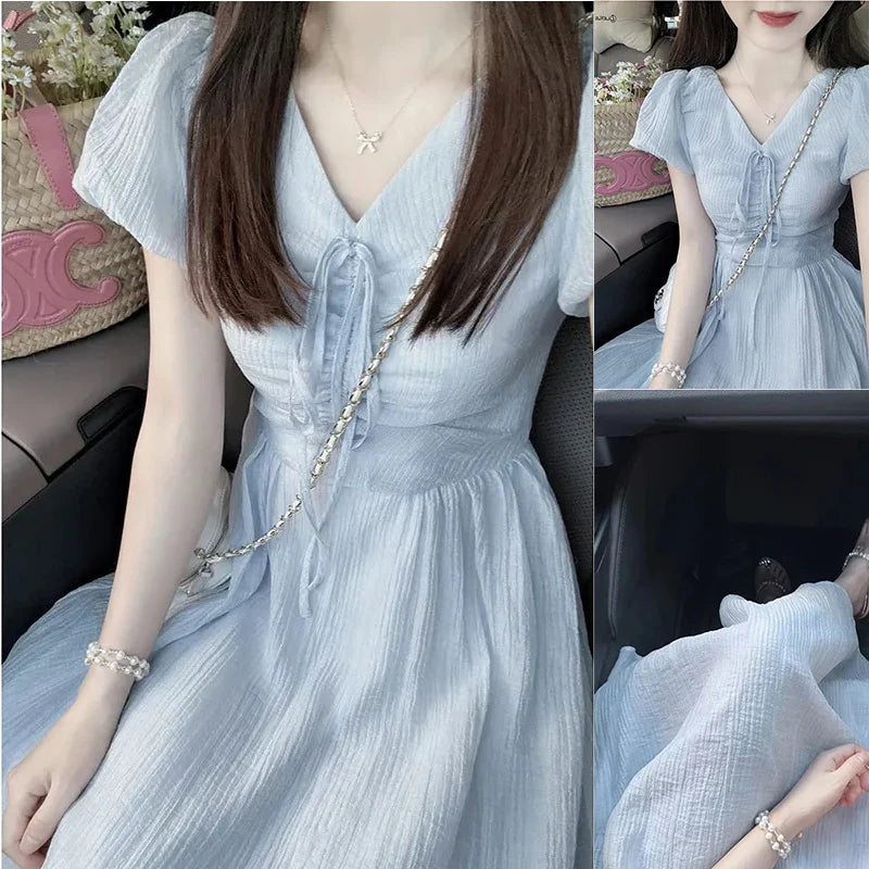 JazzHer Korean Style Folds Women Dress for Women Sweet Fairy Slim Fit Dress Tighten The Waist Fashion 2024 New Spring Summer Dress