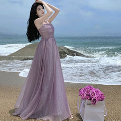 JazzHer 2024 Summer Purple Fairy Evening Party Long Dress Women Vintage Sexy Dresses Ladies Spaghetti Strap Tulle Pleated Dress Backless