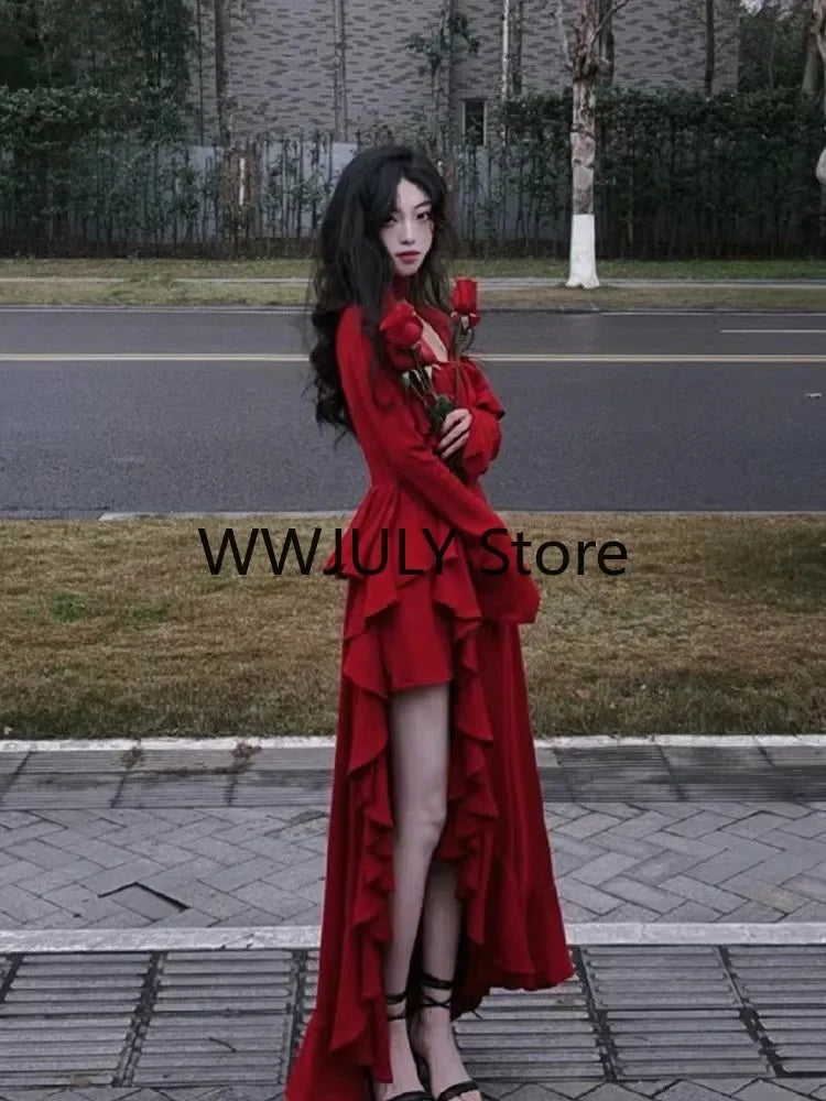 JazzHer 2024 Spring Women Elegant Long Slevee Midi Dress Female Red Square Collar Ruffle Party Dress Christmas Irregular Prom Dress