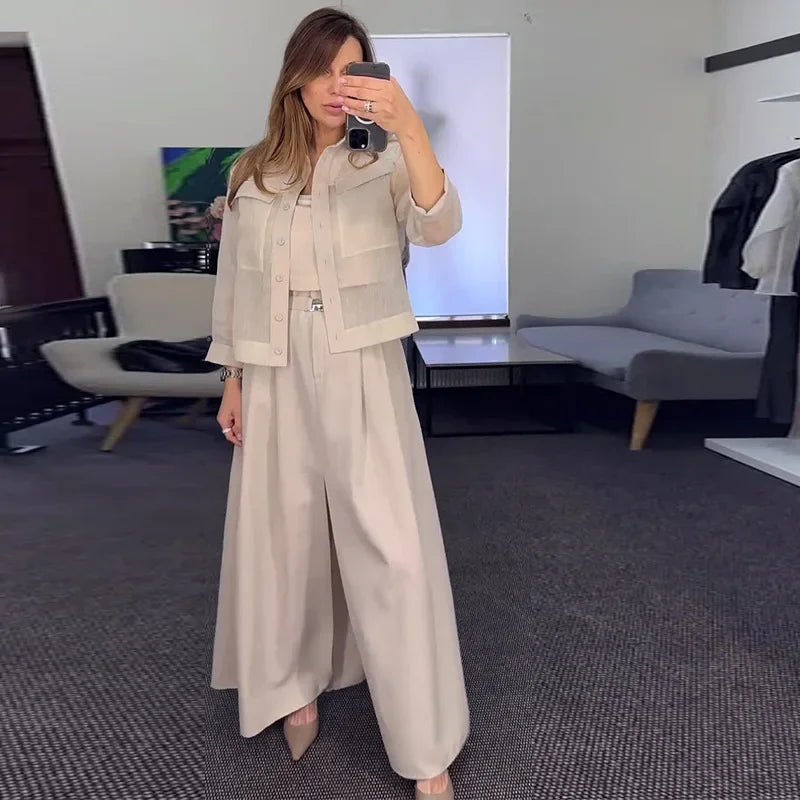 JazzHer 2 Piece Sets Women Outfits Coat Wide Leg Pants Suit Pocket Single Breasted Turndown Collar Jacket Loose Trousers Casual Ensemble