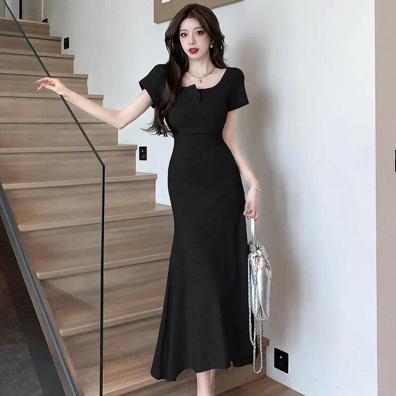 JazzHer-Solid Simple Bodycon Dresses for Women 2024 Midi Square Neck Short Sleeve Office Lady Vestidos Waist Black Dress Party Birthday