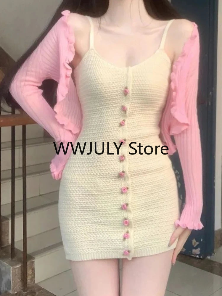 JazzHer 2024 Fall Fashion 2024 Autumn Korea Fashion Suit Sweet Slim 2 Piece Set Skirt Pink Short Sweater Cardigan Bodycon Sexy Strap Mini Dress Party Chic