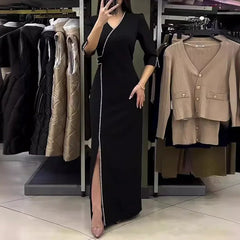 JazzHer Dress Women Black Party Long Dresses Diamond V Neck Full Sleeve Split Elegant Splice Hot Drilling Vestidos Night 2024 Spring