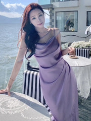 JazzHer Summer Elegant Satin Graduation Party Midi Dress Women France Chic Slim Spaghetti Straps Robe Korean Folds Clothes