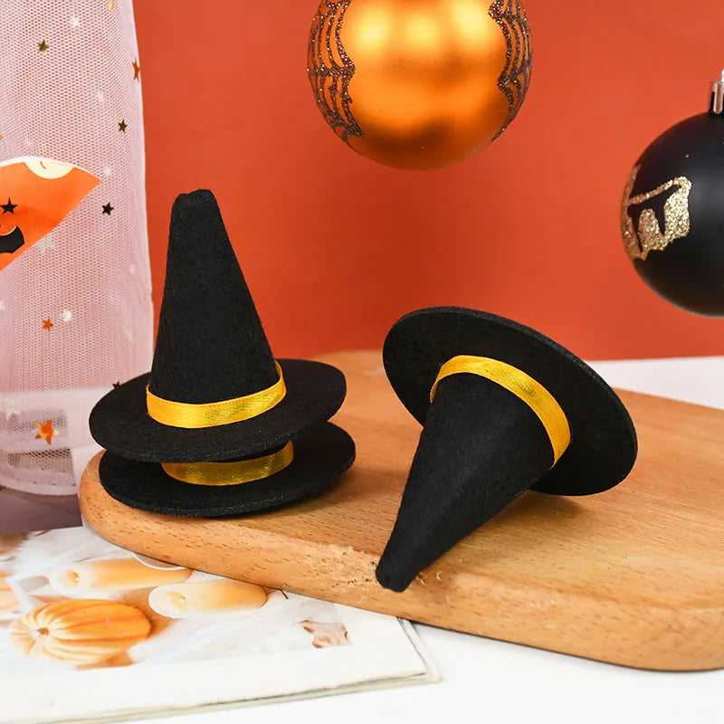 JazzHer 6pcs Halloween Mini Felt Witch Hats Wine Bottle Decor DIY Craft for Halloween Party Home Bar Decoration Supplies Black Cap Props