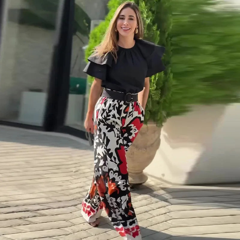 JazzHer Two Pieces Pant Sets Print Pullover Tops Wide Leg Pants Loose Casual Women Matching Sets Ruffles 2024 Pockets Ankle Length