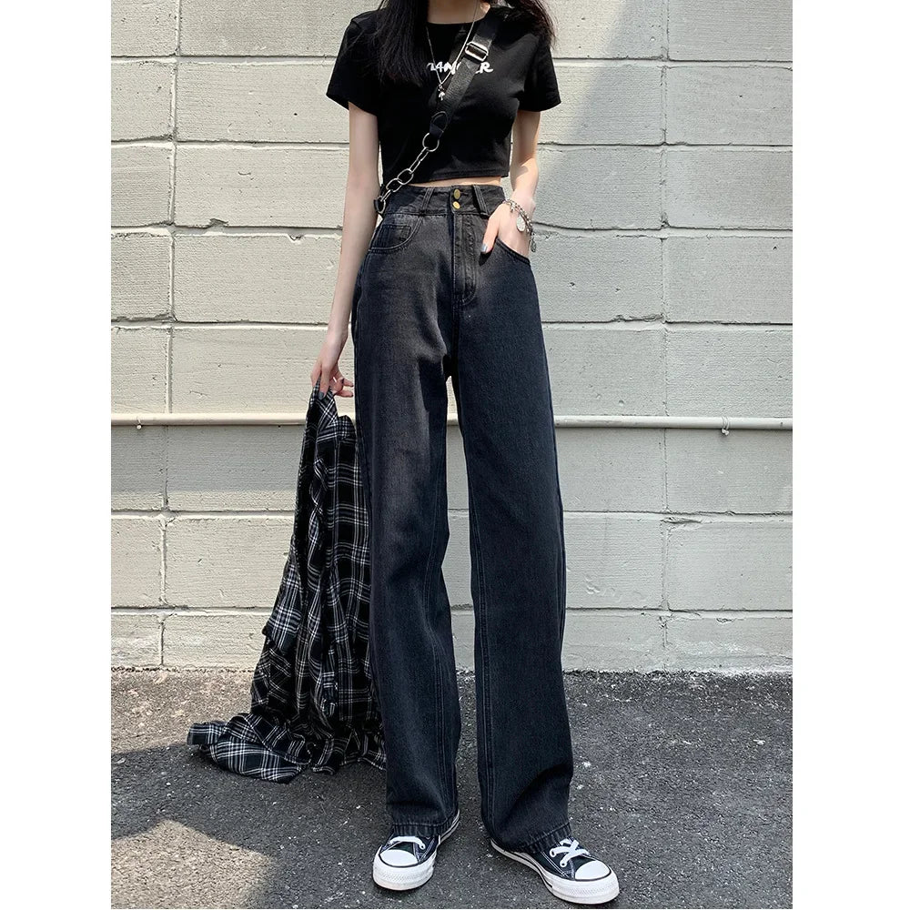 JazzHer Denim Wide Leg Pants Women High Waist Causal Vintage Denims Pockets Zipper Fly Straight Trousers Female Full Length Jeans