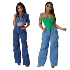 JazzHer Women Jeans High Waist Cargo Pants Zipper Fly Washing Loose Fit Denim Pockets Streetwear Ankle Length Solid 2024 Summer