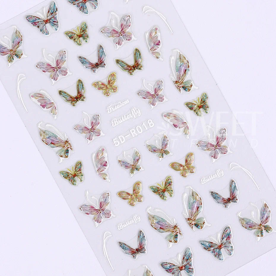 JazzHer 1 Sheet Blue Butterfly 5D Nail Stickers Jewelry Holographic Colorful Letter Self Adhesive DIY Sliders Decal Manicure Decorations