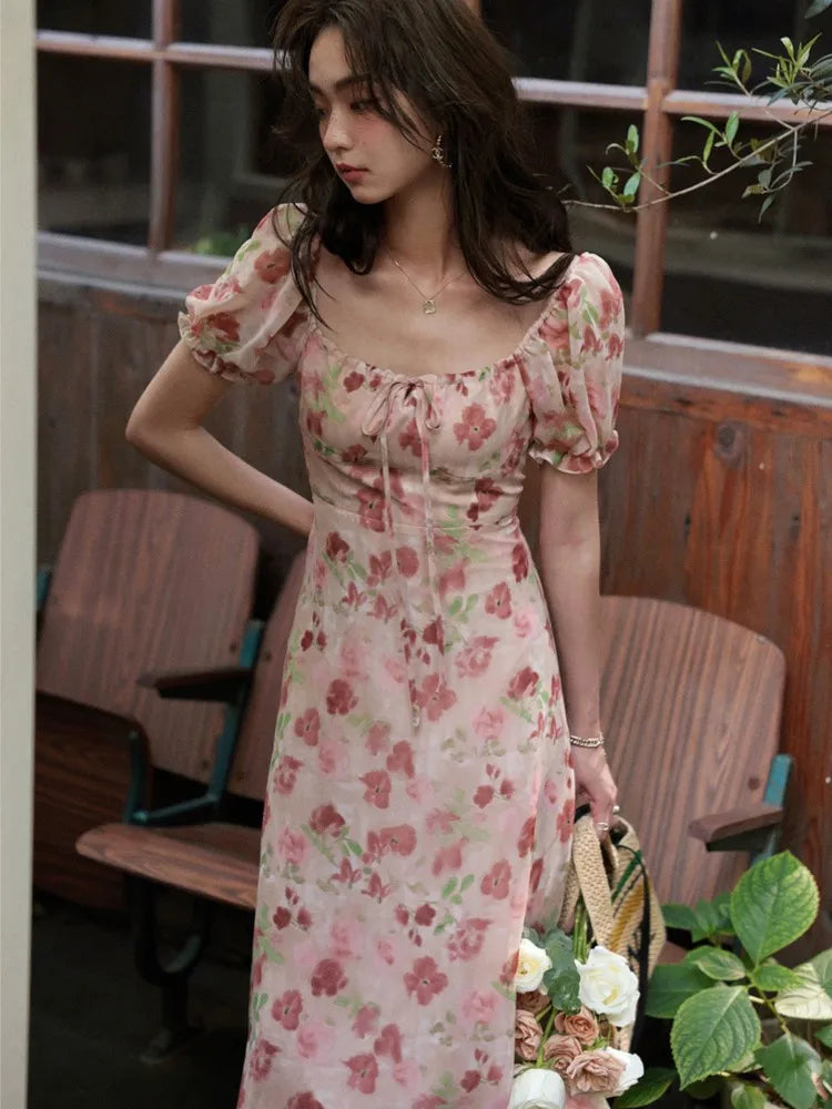 JazzHer French Vintage Floral Printed Midi Dresses for Women Summer Puff Sleeve Square Collar Slim Party Dress Casual One Piece Vestido