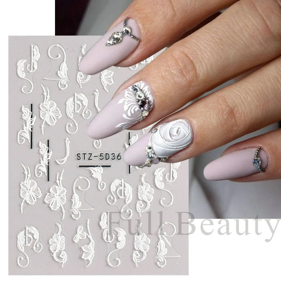 JazzHer 5D Simple Flowers Nail Embossed Stickers Elegrant Wedding Design Adhesive Sliders Summer Textured Engraved Decoration LYSTZ5D-30