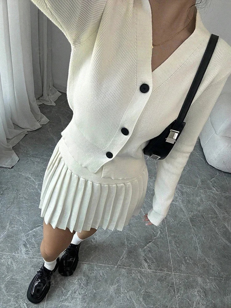 JazzHer Retro Knitted Long Sleeve Sweater High-Waisted Pleated Skirt Two Piece Set For Women Niche Solid Matching Sets Autumn New