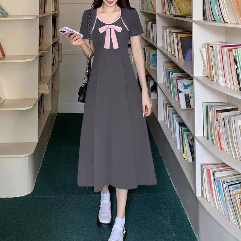 JazzHer French Style Sweet Bow Fashion Women Dress for Women Slit Fairy Slim Fit Dress Tighten The Waist 2024 New Spring Summer Dress