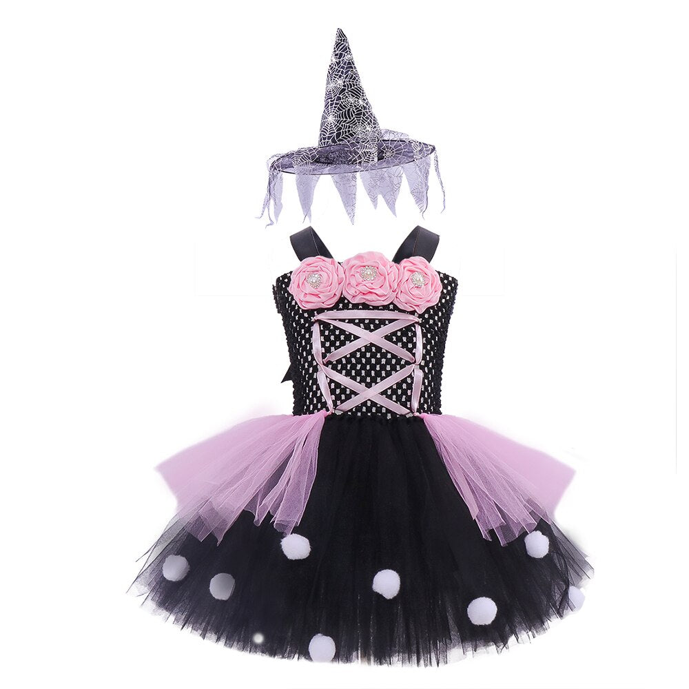 JazzHer Halloween Awakecrm Pink Flower Wizard Witch Halloween Costume Tutu Dress Girls Tulle Dress Kids Clothes Party Dresses Little Witch Cosplay Costume