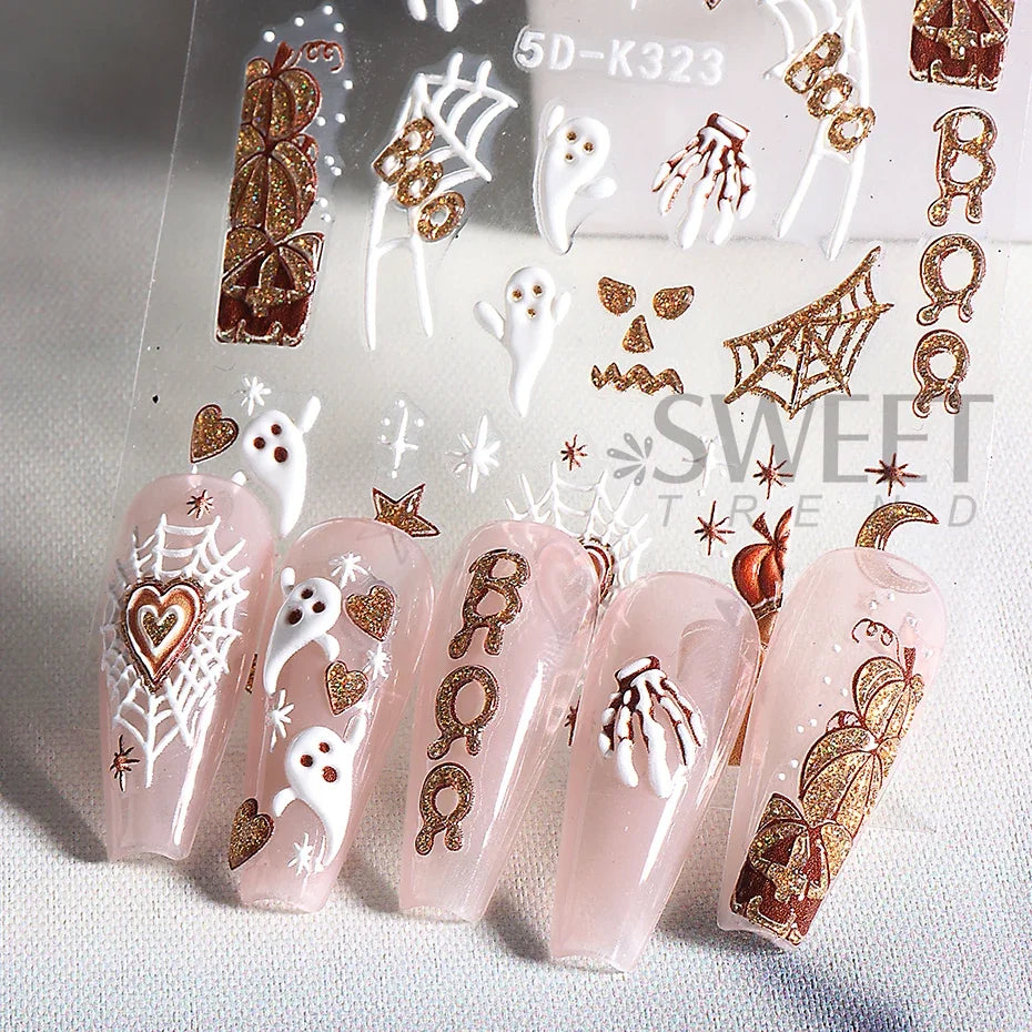 JazzHer 5D Glitter Halloween Embossed Nail Stickers Decals Pumpkin Spider Web Ghost Bone Nail Art Gel Sliders Embossed Manicure Deco