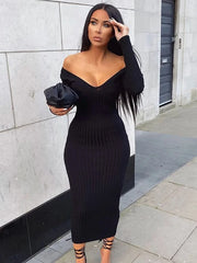 JazzHer 2024 Fall Fashion 2024 Spring Knitted Dress Women V-Neck Long Sleeve Bodycon Sweater Dresses Basic Elastic Casual Skinny Vestidos Black