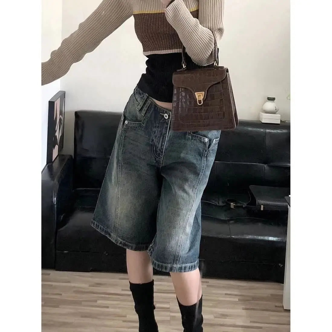 JazzHer Vintage Distressed Women Jeans Denim Knee Length Wide Leg Pants Mid Waist 2024 Washed Jean Pockets Spliced Basics Loose