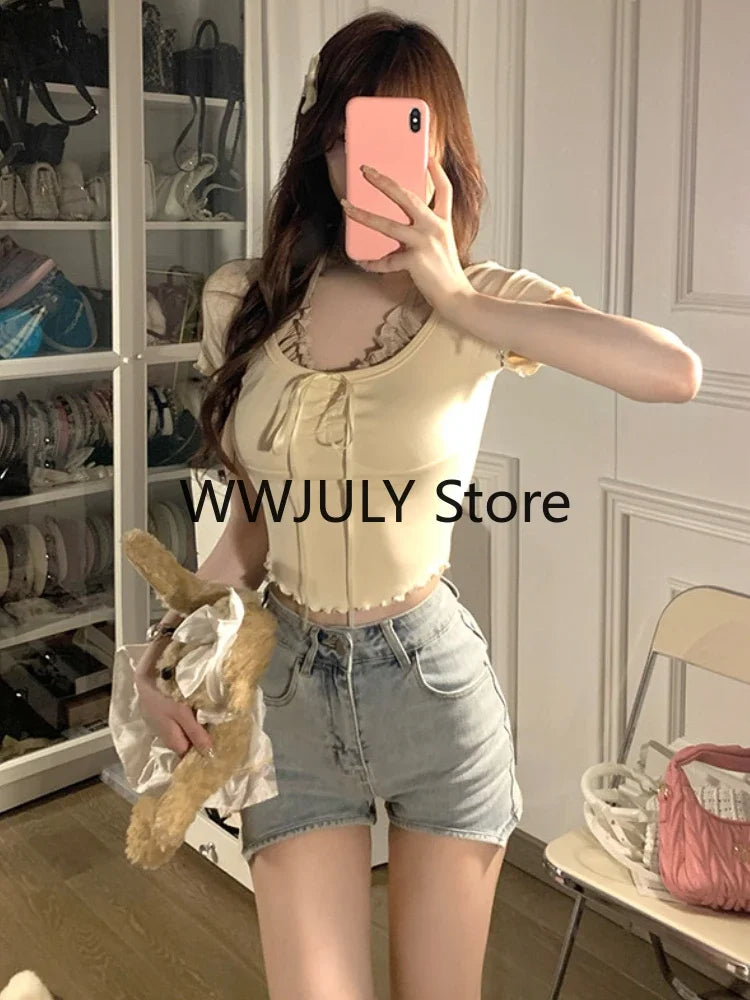 JazzHer Sweet Kawaii Crop Tops Women Blue Bodycon Slim Blouse Female Basic Casual Streewear Y2k Shirts Korean Fashion 2024 Summer Chic