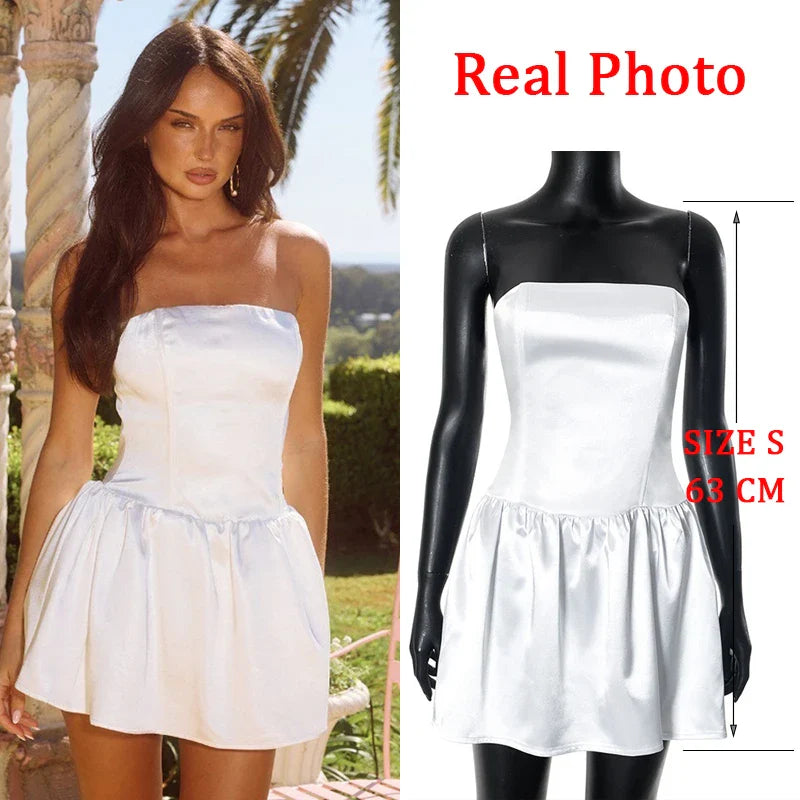 JazzHer White Satin Strapless Pleated Holiday Casual Dress Women Backless Elegant Sexy Dress Bodycon Mini Summer Dress Vestidos