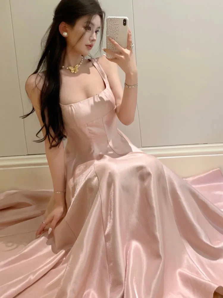 JazzHer Elegant Satin Midi Dresses for Women Sleeveless High Waist Evening Party Dress A-line Prom Robe Korean Fashion Summer Vestidos