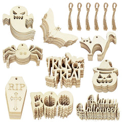 JazzHer 10Pcs Halloween Decoration Wooden Ornaments Pumpkin Ghost Bat Hanging Pendant Happy Halloween Party Home DIY Craft Kids Toy Gift