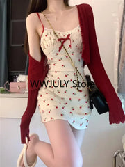 JazzHer Sweet 2 Piece Dress Set Woman Red Long Sleeve Cardigan + Strap Floral Y2k Mini Dress Party Korean Fashion Suit 2024 Autumn Chic