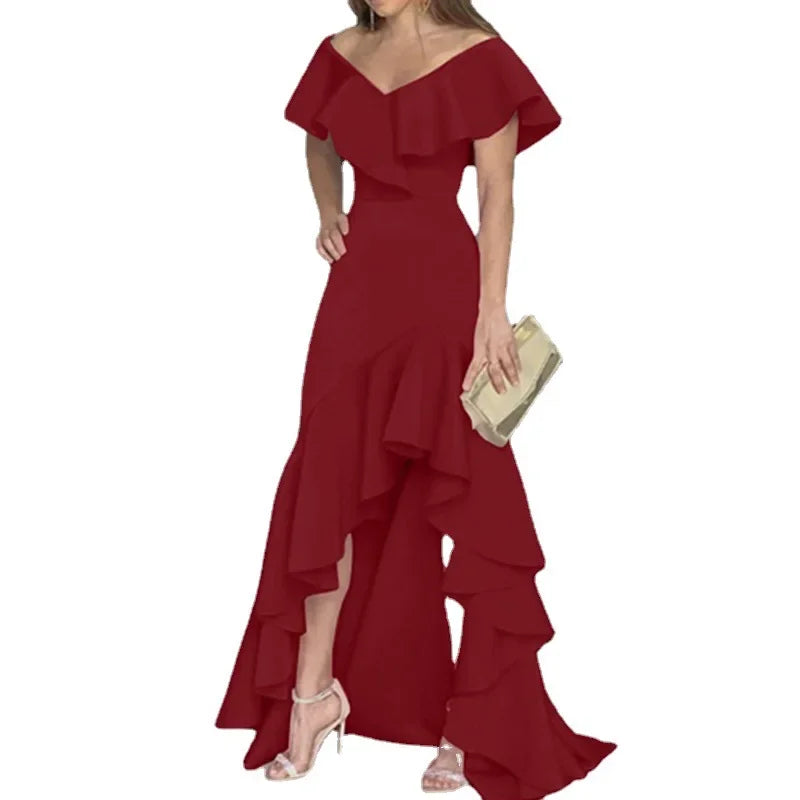 JazzHer Evening Dresses Sexy V Neck Elegant Party Irregular Solid Color Hem Ruffle Women Maxi Dress Short Sleeve Floor Length Vestidos