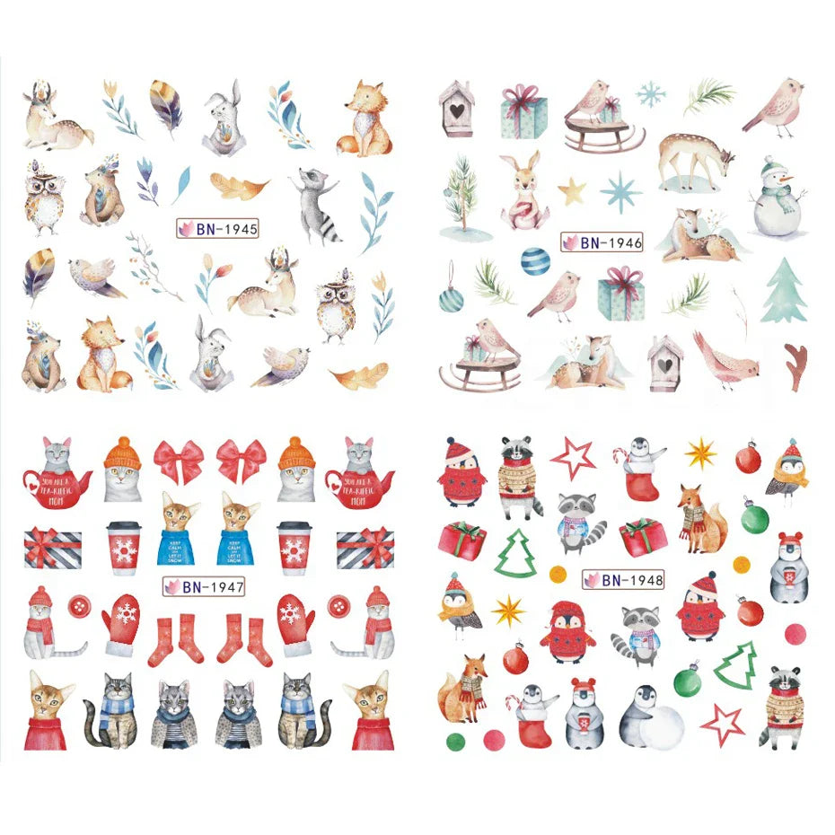 JazzHer 12pcs Cute Christmas Nail Stickers Cartoon Animal Design Penguin Bird Cat Dog Bear Nail Slider Water Decals Decoration Manicure