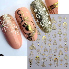 JazzHer 3D Gold Silver Christmas Nail Sticker Winter New Year Snowman Snowflake Decal Holographic Santa Tree Slider For Manicure Decor