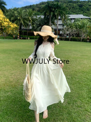 JazzHer 2024 Spring Chiffon Elegant Midi Dress Women Long Sleeve French Style One Piece Dress Korean Fashion Beach Solid Y2k Dress Chic