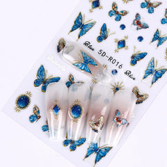 JazzHer 1 Sheet Blue Butterfly 5D Nail Stickers Jewelry Holographic Colorful Letter Self Adhesive DIY Sliders Decal Manicure Decorations