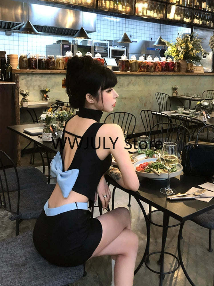 JazzHer 2024 Summer Sexy Backless 2 Piece Skirt Set Woman Bow Sleeveless Vest + Slim Fashion Mini Skirt Outfits Korean Style Set Design