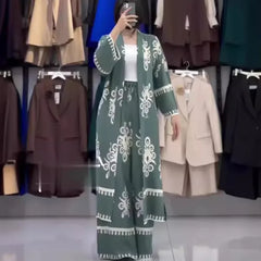 JazzHer Eid Muslim Suits Women Print Blouses Wide Leg Pants Set Two Piece Musulman Ensemble Dubai Arabic Morocco Islam Casual Ramadan