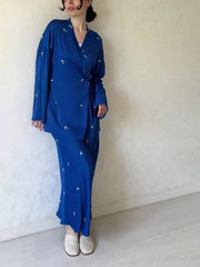 JazzHer Eid women Set for woman Ramadan Satin Shirt with Skirt 2 Piece Musulman Ensembles Print Belt Dubai Turkey Robe Jalabiya 2024