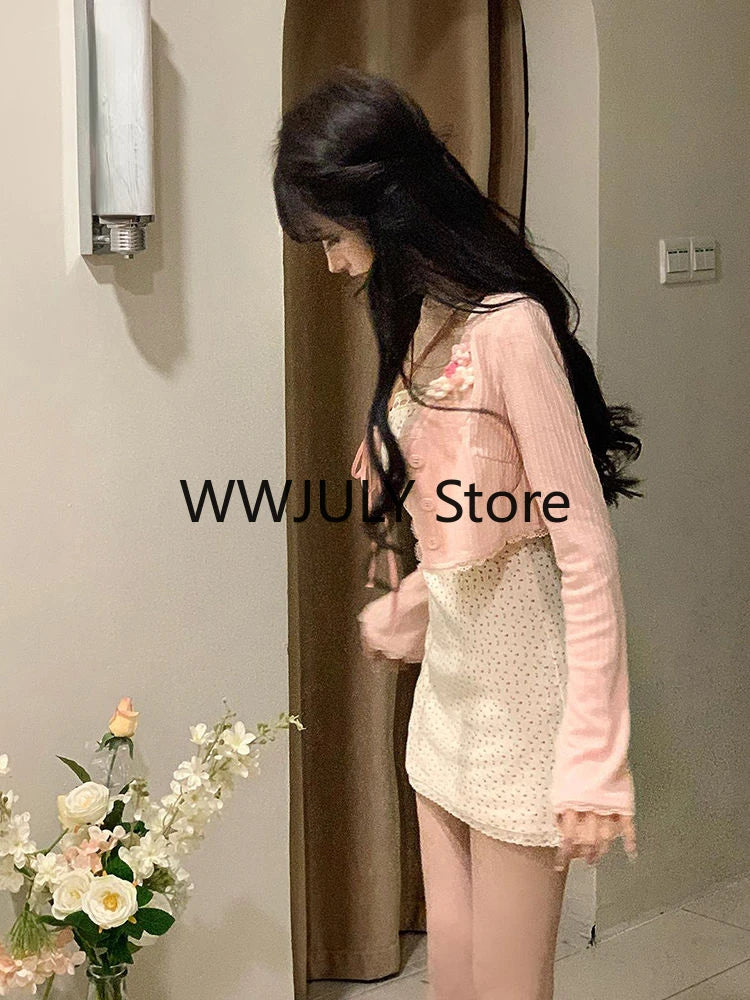 JazzHer 2024 Summer Sweet Fashion 2 Piece Dress Set Woman Casual Cardigan + Floral Y2k Mini Dress Beach Holiday Dress Korean Style Suit