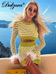 JazzHer 2024 Fall Fashion Women Feather Striped Sweater 2 Piece Set Long Sleeve Crop Top High Waist Bodycon Mini Skirts Matching Suit Club Party