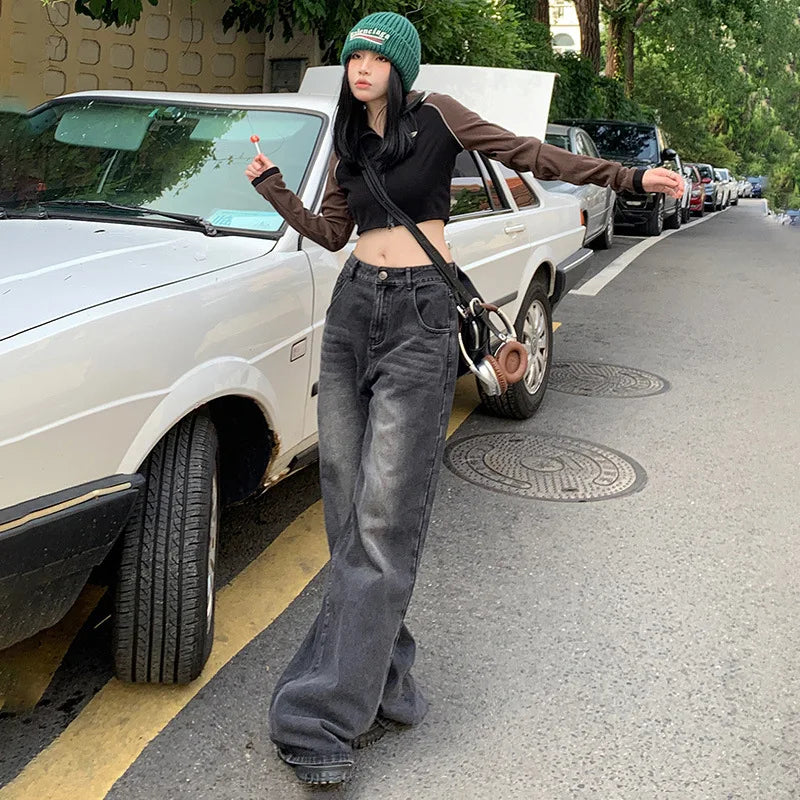 JazzHer Denim Straight Buttoned High Waist Streetwear Jeans Vintage Slight Blue Jeans Long Pants Y2k Work Summer Blue Jeans Capris 2024