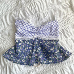 JazzHer Plaid Floral Print Milkmaid Tops 00s Retro Coquette Camis Fairycore Y2K Lace Trim Backless Tie Up Crop Tops Chic Cute Mini Vest