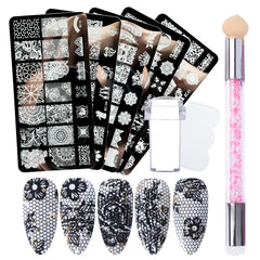 JazzHer 4pcs Nail Art Stamping Plate Flower Lace Patterns Image Stencil Stamper Gradient Nail Brush Nail Set Template Tools LYBC01-20-2