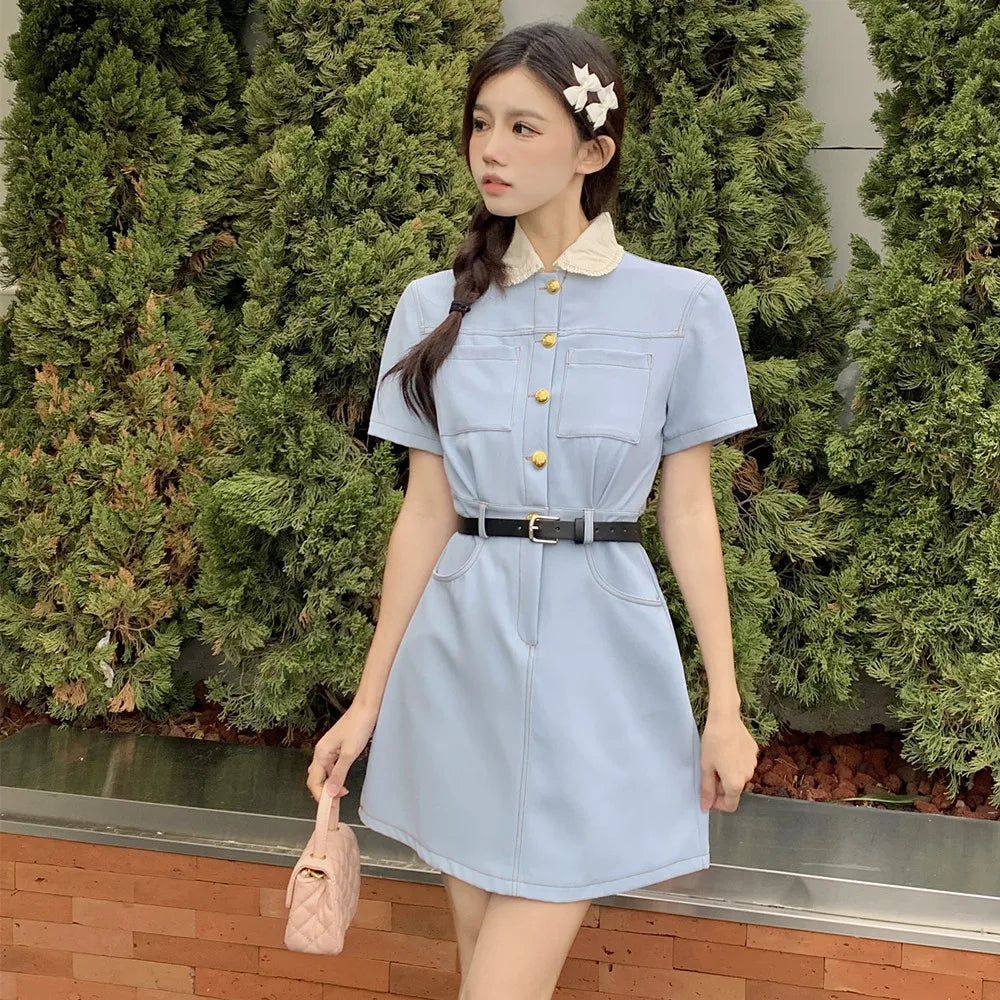 JazzHer-Casual Dresses for Women 2024 Doll Collar Short Sleeve Fashion New Summer Women's Clothes Chic Elegant Female Midi Dress