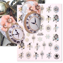 JazzHer Laser Silver Lace Clock Nails Design Stickers 2024 New Year Countdown Ballet Adhesive Decals Snowflakes Decoration Wraps LYCJ082